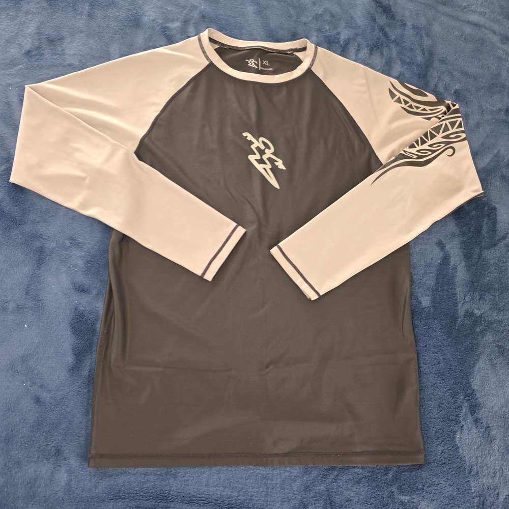 DaHui Mens XL Rash Guard Long Sleeve Swim Shirt Black Grey Tribal Graphic Raglan